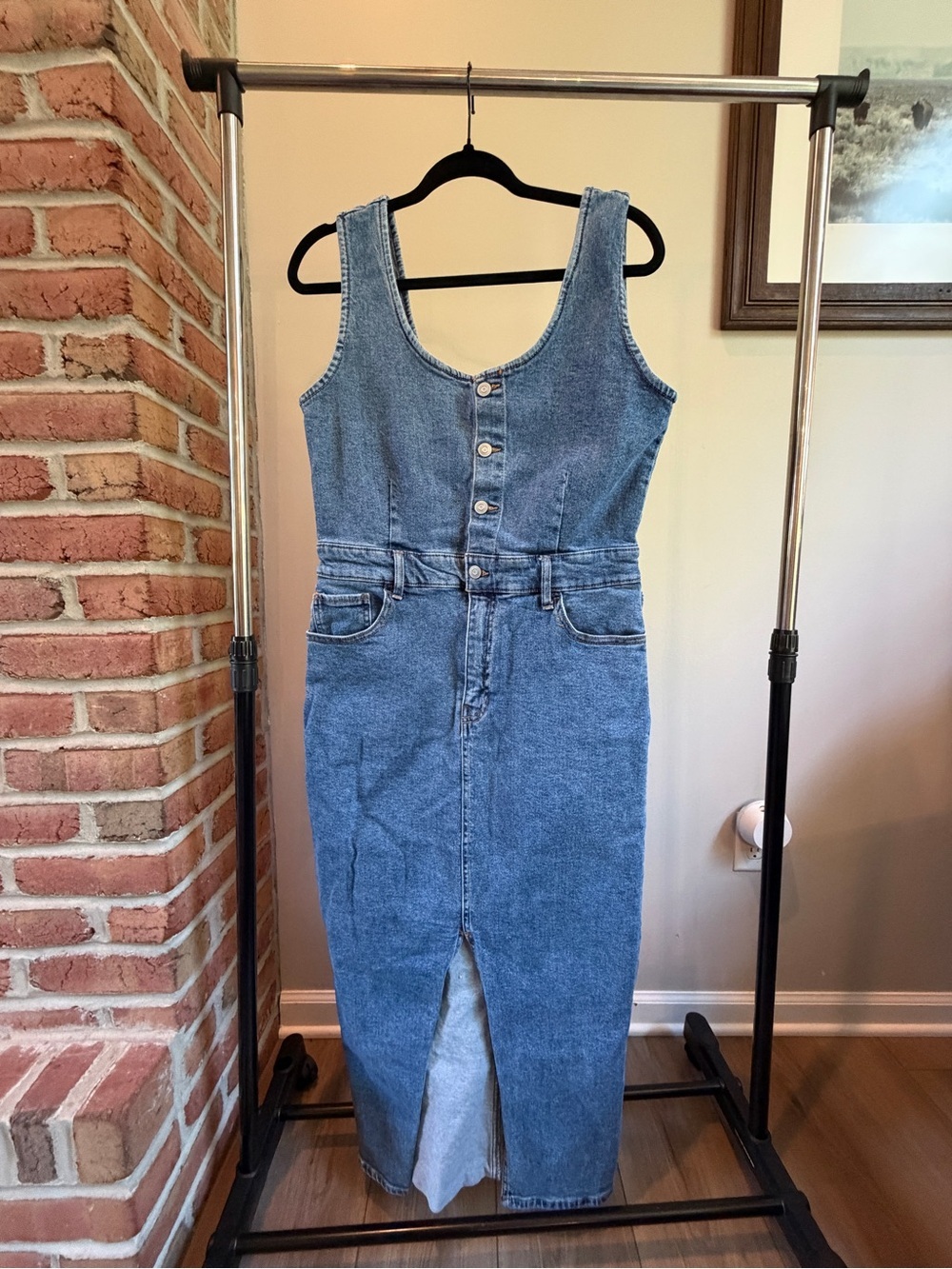 Celebrity Pink Chambray Blue Denim Midi Overall Dress with Front Buttons